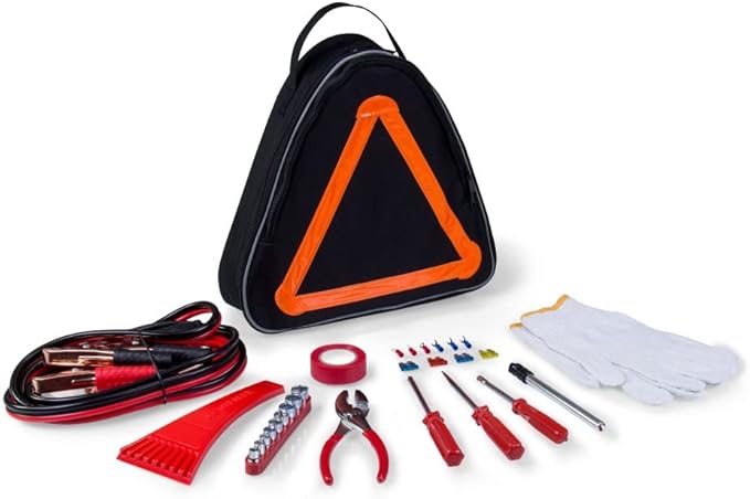 PICNIC TIME NFL Roadside Emergency Car Kit, Auto Vehicle Safety Road Side Assistance with Jumper Cables and Car Tool Kit, (Black with Orange Accents)