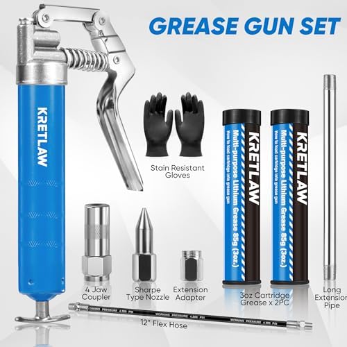 KRETLAW Mini Grease Gun (3000PSI) with Double 3oz Cartridge Grease and 12'' Flex Hose, Reinforced Coupler for Automotive,Marine