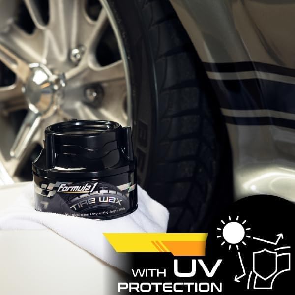 Formula 1 Tire Wax - Long Lasting Tire Gel for Black Glossy Tires, Water Resistant, Restores Plastic Trim, Foam Applicator Included, 10oz