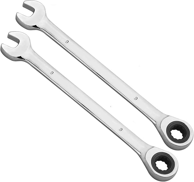 KINJOEK 2 PCS 9mm 12PT Ratchet Wrench, Metric Ratcheting Wrench Set with 5° Movement and 72 Teeth for Projects with Tight Space