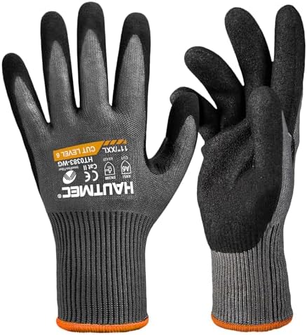 HAUTMEC ANSI A6 Cut Resistant Work Gloves for Men Women, EN388 4X42F Cutting Proof Gloves, Breathable 13-Gauge HPPE, Nitrile Coated, Touchscreen, Reinforced Thumb Saddle for Construction/Auto(XXL)