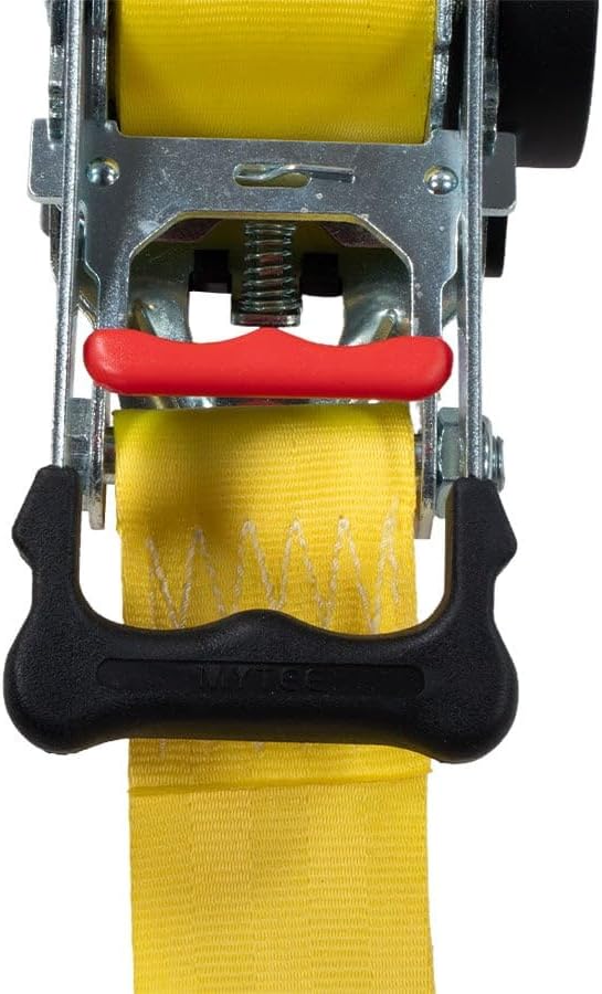 Mytee Products 2" x 10' Retractable Ratchet Straps with Narrow Flat Hooks - 3,300 lbs WLL - High-Abrasion Yellow Auto Retract Ratchet Tie Down Strap for Motorcycles, ATVs, Bikes, Boat Trailer