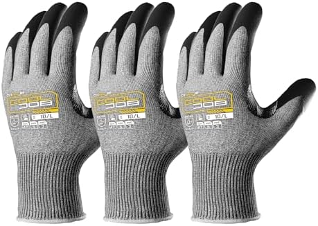 COOLJOB ANSI A7 Cut Resistant Gloves - 1/3/12 Pairs, Nitrile Rubber Dipped Safety Work Gloves with Reinforced Thumb, Non Slip, Breathable, Touchscreen, for Fishing, Gardening, Grey Large
