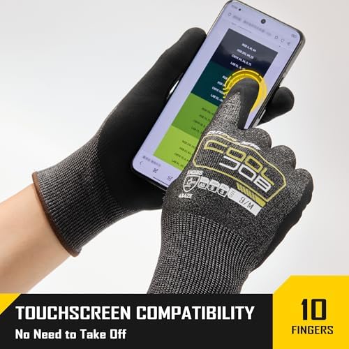 COOLJOB A5 Fiberglass Free Cut Resistant Gloves for Men, Touchscreen, Grip Nitrile Coated, No PFAS, Non Slip, Soft & Durable