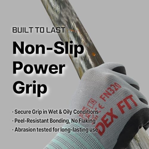 DEX FIT Premium Nylon Nitrile Work Gloves FN320, 3 Pairs, 3D-Comfort Stretchy Fit, Firm Grip, Thin & Lightweight, Durable, Breathable & Cool, Machine Washable; Grey 10 (XL)