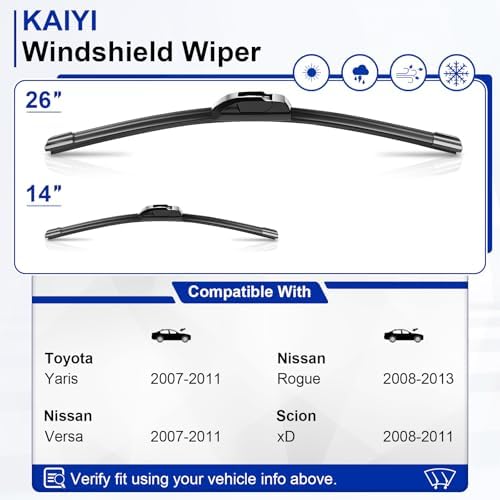 KAIYI 26" + 14" Windshield Wipers Compatible with Toyota Yaris 2007-2011,Nissan Versa 2007-2011,Rogue 2008-2013,Scion xD 2008-2011 Premium Automotive Replacement Windshield Wiper Blades 2 Pack