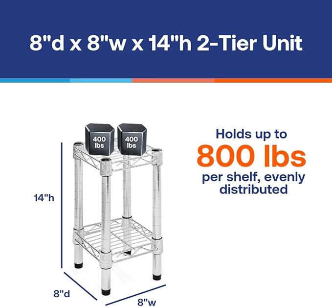 Shelving Inc. 8" d x 8" w Chrome Wire Shelving with 2 Tier Shelves, Weight Capacity 800lbs Per Shelf