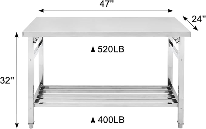 48" x 24" Stainless Steel Commercial Work Table, Heavy Duty Folding Stainless Steel Prep Table with Adjustable Undershelf for Restaurant, Kitchen, Food Service, Space-Saving, No Installation Required