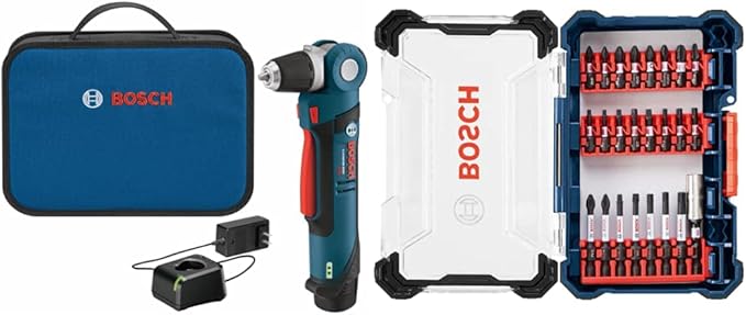 BOSCH PS11-102 12-Volt Lithium-Ion Max 3/8-Inch Right Angle Drill/Driver Kit with BOSCH 24 Piece Impact Tough Screwdriving Custom Case System Set SDMS24, 24pc