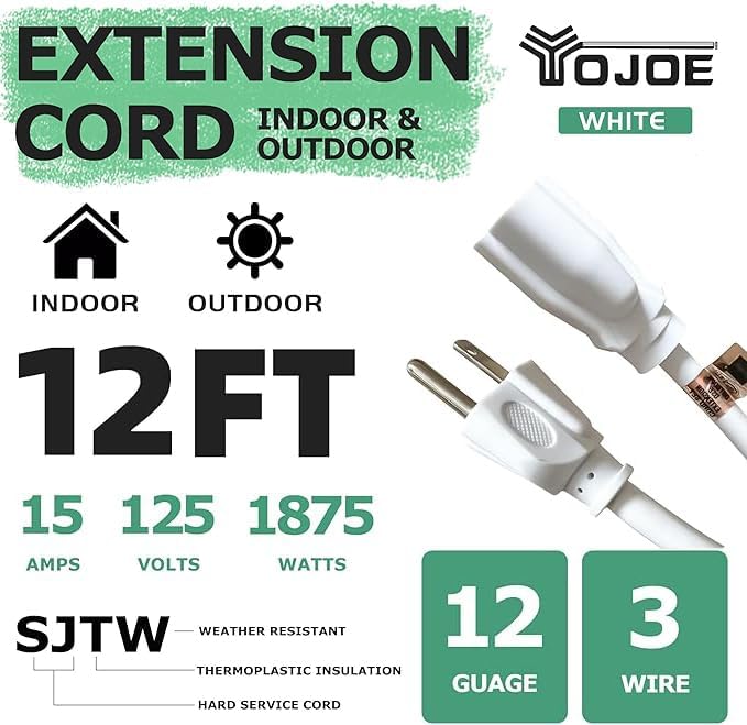 YOJOE Indoor Outdoor Extension Cord, 3 Prong 15A Weatherproof Power Cord, 12 Gauge Heavy Duty 12 ft White Extension Cord for Garage, Garden and Home, 12/3 SJTW UL Listed