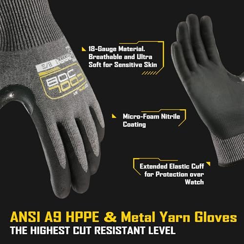 COOLJOB A9 Cut Resistant Safety Work Gloves with Grip, Touchscreen Nitrile Coated Heavy-duty for Glass Metal Sheet Handling