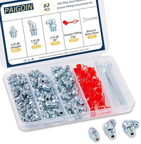 1/4"-28 SAE Grease Fittings - 82PCS Zerk Fittings Kit with Caps and Wrench Straight 45 90 Degree Angled Grease Nipples