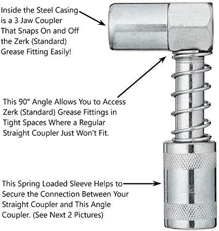 90 Degree Grease Coupler Snaps on to Grease Fittings in Tight Spaces