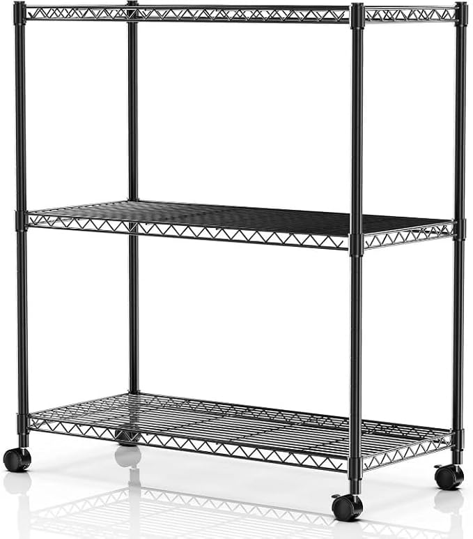 Simple Deluxe 3-Tier Heavy Duty Adjustable Storage Shelf with Wheels, 23.23”W x 13.39”D x 30.31”H, Mobile or Stationary Metal Shelving Unit, Easy Assembly for Kitchen, Pantry, Laundry Room, Black