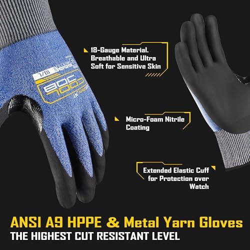 COOLJOB A9 Cut Resistant Safety Work Gloves with Grip, Touchscreen Nitrile Coated Heavy-duty for Glass Metal Sheet Handling