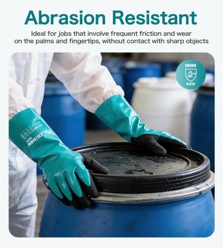 JDL Heavy-Duty Nitrile Chemical Gloves with Nylon Lining, Black Sandy Finish, Reusable Rubber Work Gloves, Acid/Alkali/Oil Protection, Non-Slip, Large