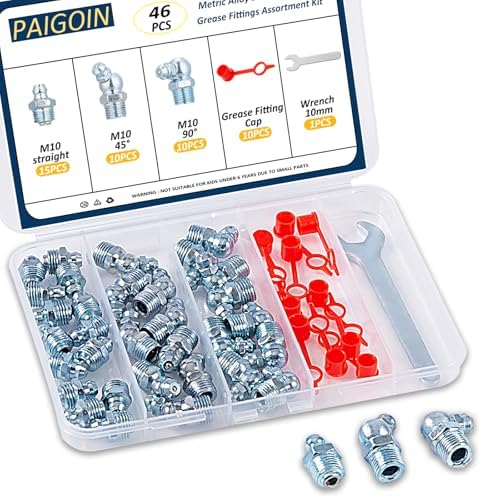M10 Metric Grease Fittings - 46PCS Zerk Fittings Kit with Caps and Wrench Straight 45 90 Degree Angled Grease Nipples