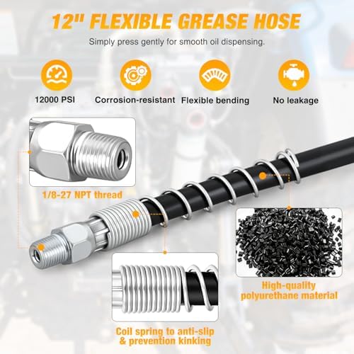 GOOACC Grease Gun Coupler Set Quick Locking Grease Coupler 90 Degree Grease Tips 12" Spring Flexible Hose & Cleaning Tool Compatible with 1/8" NPT Grease Gun Fitting & SAE Metric Zerk Fittings 4 PCS