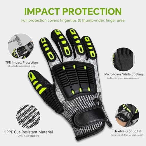 Impact Work Gloves for Men - ANSI Cut Level A5 with TPR Knuckle Guards & Shock Absorption, Nitrile Coated Palm for Maximum Grip, Heavy Duty for Construction, Warehouse, Auto Repair (2 Pairs L)