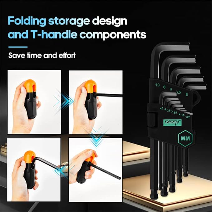 DISEN 36PC Allen Wrench Set, SAE & Metric Hex Key Set Torx Star Key Set, Long Arm Ball Head Design with T-Handle, Heat Treated Chrome Vanadium Steel