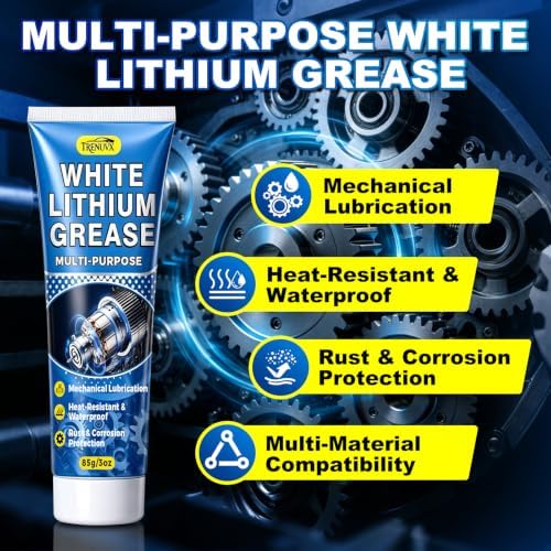 White Lithium Grease, Built-in Brush for Squeaky Hinges with Anti-Seize & Waterproof Lubricant, Stuck Gears, Garage Door Rollers & Track Rails, Works for Cars, Boats, Machinery & Home, 3oz Tube