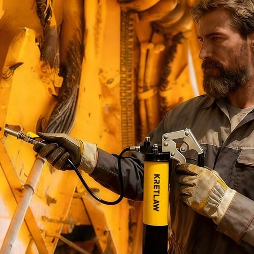 KRETLAW Grease Gun, 7000 PSI Heavy Duty Professional Pistol Grip Grease Gun Kit 14 OZ with Coupler, Double Grease Injector Needles, 18" & 2pc 12" Flex Hoses and Reinforced Glove, Yellow