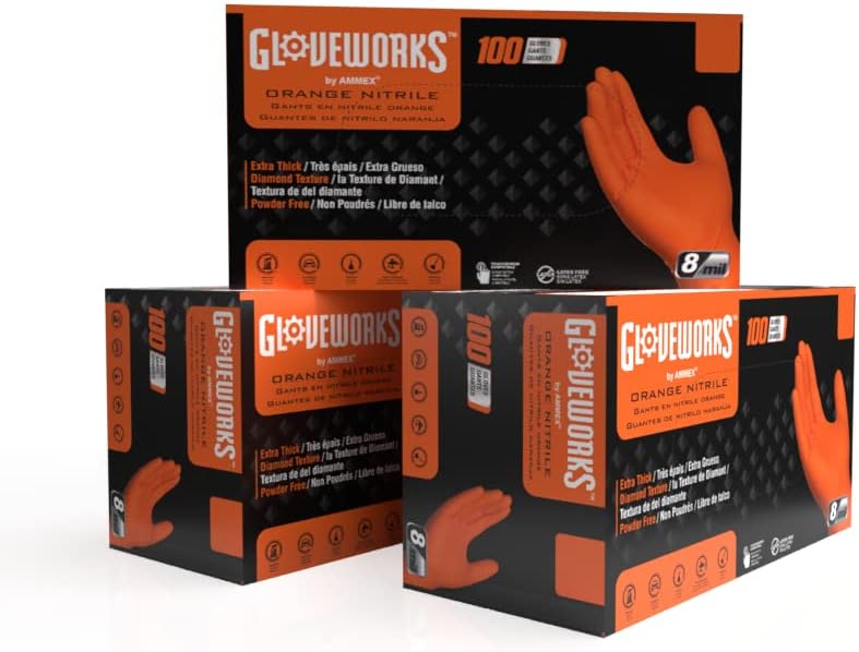 GLOVEWORKS Nitrile Gloves Disposable Orange 8 mil