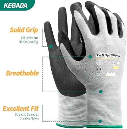 Kebada Work Gloves for Men and Women, Sandy Nitrile Coated, 3 Pairs