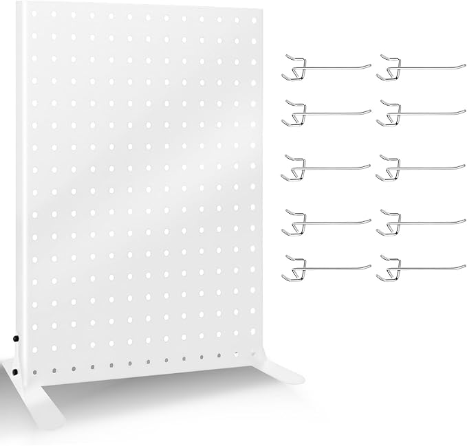 Pegboard Display Stand with 10 Hooks for Craft Shows, Metal Jewelry and Key Ring Retail Display Racks for Selling Accessories, Retail Stores, Vendors & Events, 17 X 13 Inch (1 PCS, White)