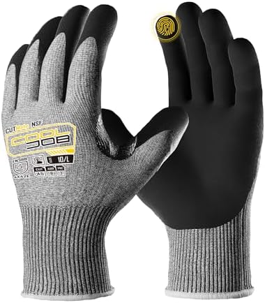 COOLJOB ANSI A5 Cut Resistant Gloves - 1/3/12 Pairs, Nitrile Rubber Dipped Safety Work Gloves for Men, Knife Proof with Grip Coating for Construction Warehouse Glass Wood Work, Grey Large