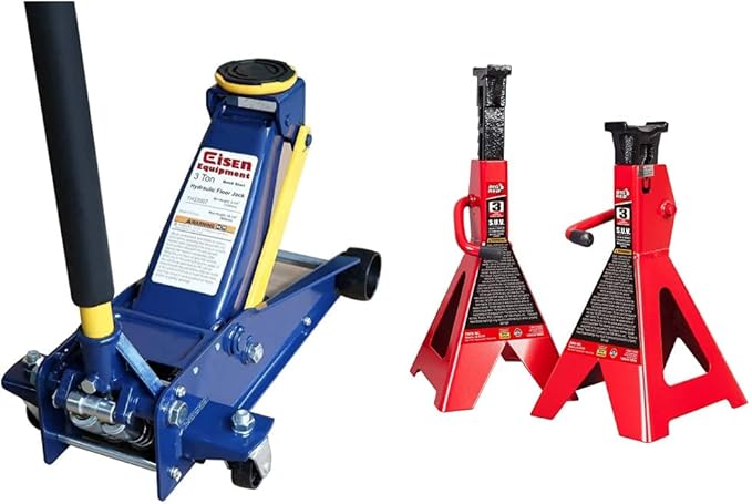 Eisen Heavy Duty 3 Ton Floor Jack For All Terrain Vehicle Low Profile Hydraulic Jack, Steel Service Jack Quick Rise With Double Pump Quick Lift and BIG RED T43006 Torin Steel Jack Stands (Fits: SUVs and Extended Height Trucks): 3 Ton (6,000 lb) Capacit...