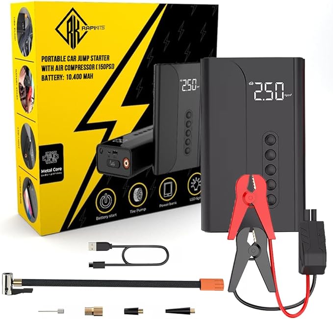 Jump Starter with Air Compressor Portable - 10400mAH - 150PSI – 12V Battery Booster, LCD Display, LED Lights, Power Bank Function Ultralight - RAPIKITS
