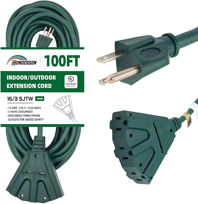 3-Outlets Indoor Outdoor Extension Cord Weatherproof, UL Certified, 16 Gauge 100FT Green 3 Prong Heavy Duty, 16/3 SJTW 10A Power Cord