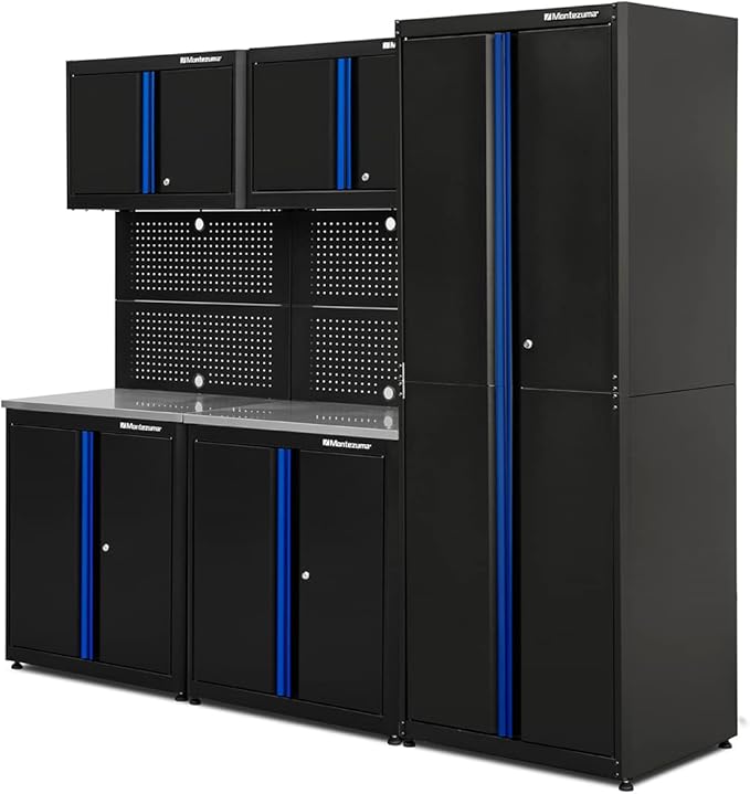 Montezuma Garage Tool Storage System - 7Piece Combo Workbench with Locking Cabinet & Stainless Steel Worktop - SC-BBH