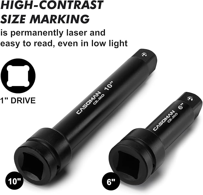 CASOMAN 1-Inch Drive Impact Extension Bars, Length: 6" & 10", Impact Socket Extension, CR-MO Steel