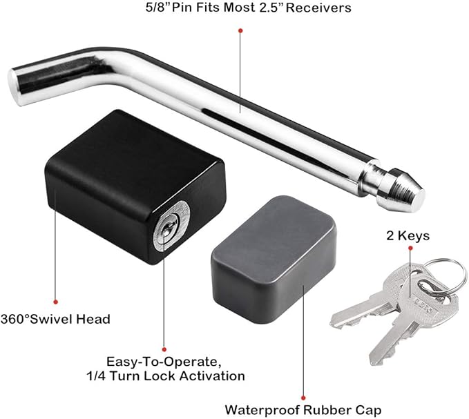 CZC AUTO Trailer Hitch Receiver Lock, Padlock Style and Swivel Head，Dia 5/8 Inch Bent Pin for Class III IV 2 2-1/2 Inch Receiver, Fits Bike Rack Tray Ball Mount for Towing Trailer Truck Car Boat RV