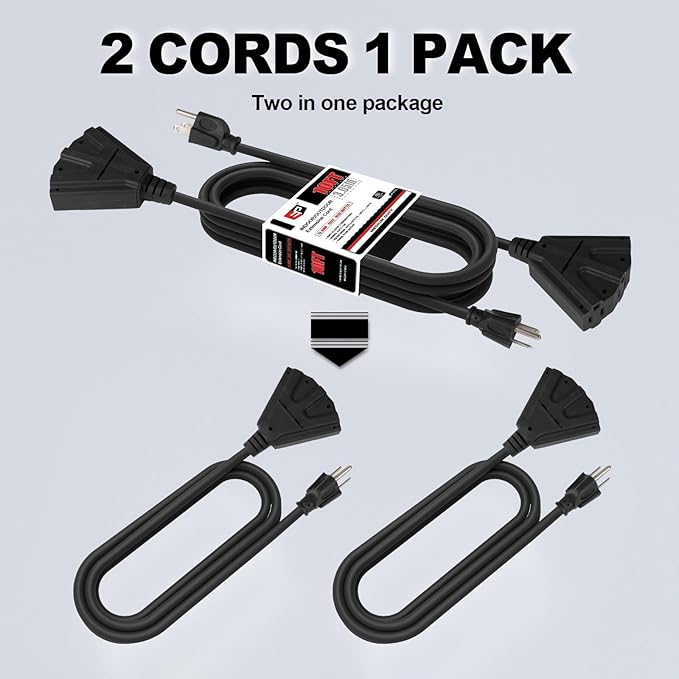 EP 2 Pack 10 Ft Outdoor Extension Cord with 3 Electrical Power Outlets - 16/3 SJTW Black Cable with 3 Prong Grounded Plug for Safety Great for Christmas Lights, Garden and Major Appliances