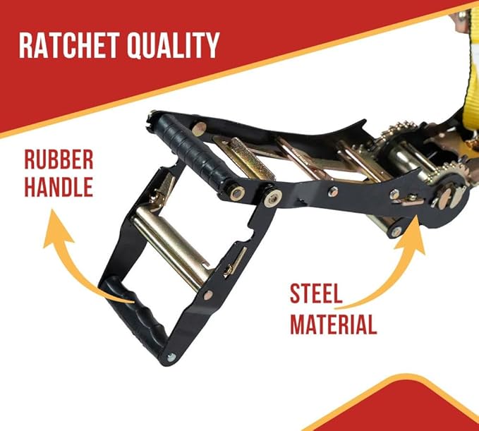 Mytee Products 10 Pack 2" x27' Yellow Ratchet Strap with J Hooks- 10,000 Lbs Breaking Strength Heavy Duty Tie Down Large Bar Handle and Cargo Straps with Wire Hooks for Flatbed, Truck, Trailers Pickup