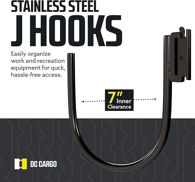 DC Cargo - E Track J Hooks (7" - 4 Pack) - Large Heavy Duty Accessories - Hanging Hooks for Your ETrack Rail System - Use in Enclosed Trailers, Box Trucks, Vans, Garage, Workshop & Warehouse