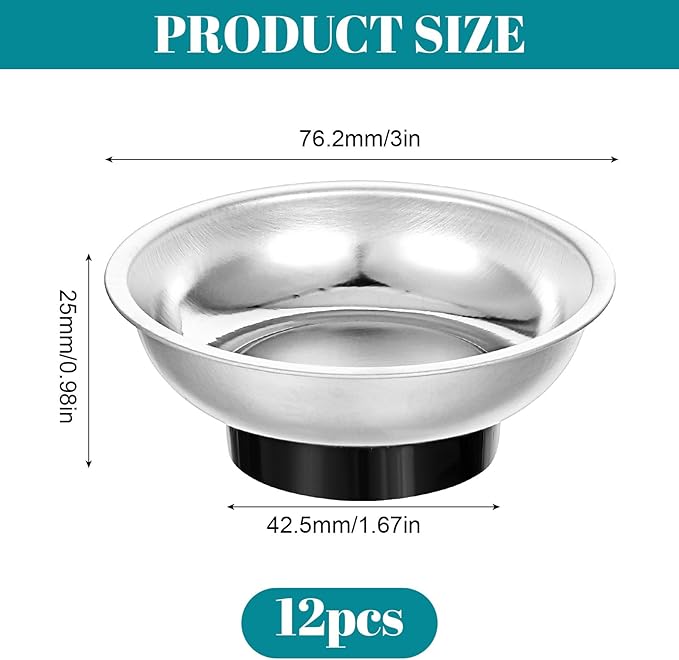 12 Pcs 3" Round Magnetic Bowl Trays Set, Round Magnetic Parts Bowl, Stainless Steel Magnet Tool Tray Parts Holder for Screws, Sockets, Bolts, Pins, Mechanic's and Automotive