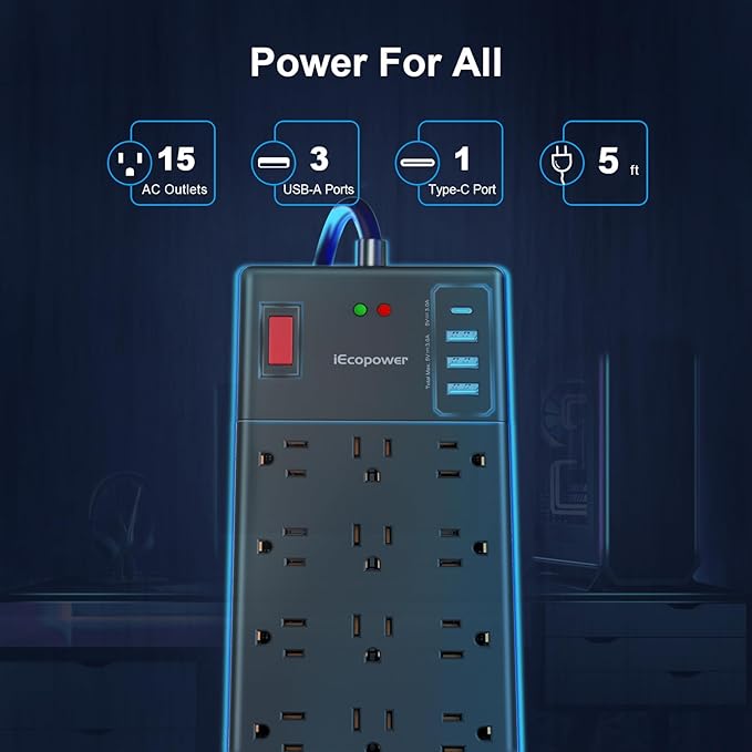 Surge Protector Power Strip-15 Widely Spaced Outlets and 4 USB Ports(1 USB C Port),14 AWG Extension Cord,1875W/15A Heavy Duty Power Strip Surge Protector 5 ft Cord,2800J,Black