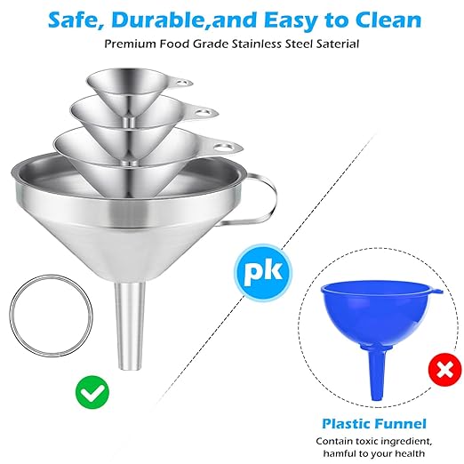 Toncoo 4 Pack Stainless Steel Funnels for Kitchen Use, Food Grade Cooking Funnel with 2 Strainer, Kitchen Funnel Set Metal Funnels for Filling Bottles