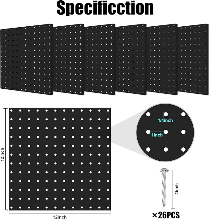 Peg Board, 6 Pack 12"x12" Black Metal Pegboard Panels Pegboards Wall Organizer with Bent Frame Large Heavy Duty Peg Board for Walls Home, Garage Tool Storage, Workbench, Craft Room, Kitchen
