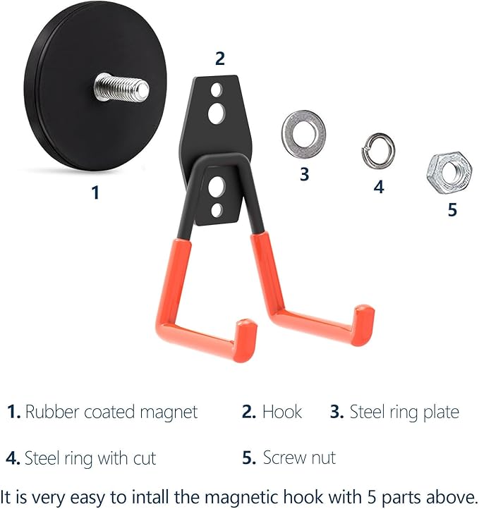 Garage Magnet Hooks, Heavy Duty Magnetic Hooks Tool Hangers for Garage Workshop Magnetic Metal Wall Hook Hangers with Anti-Slip Coating for Ladders, Garden Tools, Bulky Items (4 Pack)