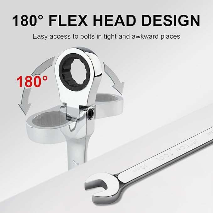 Jetech 10mm Flex-Head Ratcheting Combination Wrench, Premium Industrial Grade Spanner 72-Tooth Cr-V Steel - 180 Degree Flexible Box End Perfect for Tight Spaces, Auto & DIY Repair