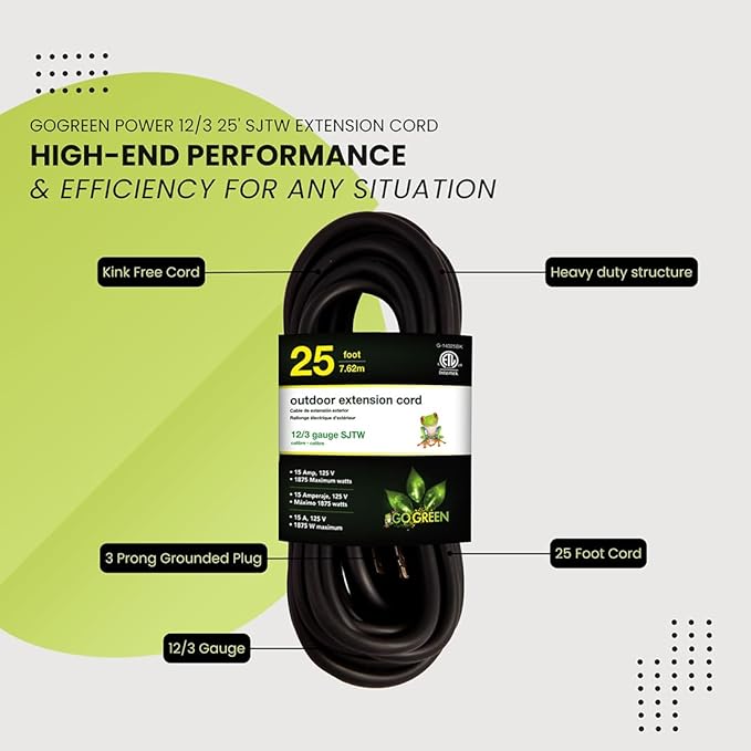 Go Green Power Inc. (G-14025BK) 12/3 SJTW Outdoor Extension Cord, Black, 25 ft