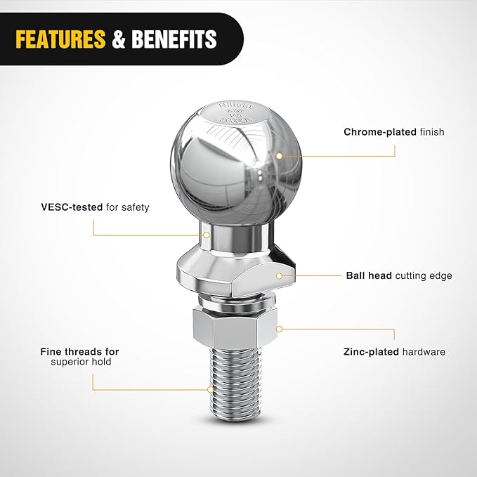 Nilight 1-7/8-Inch Diameter Chrome Trailer Hitch Ball, 2,000 lbs, 1 x 1-5/8-Inch Shank Universal Fit Gray