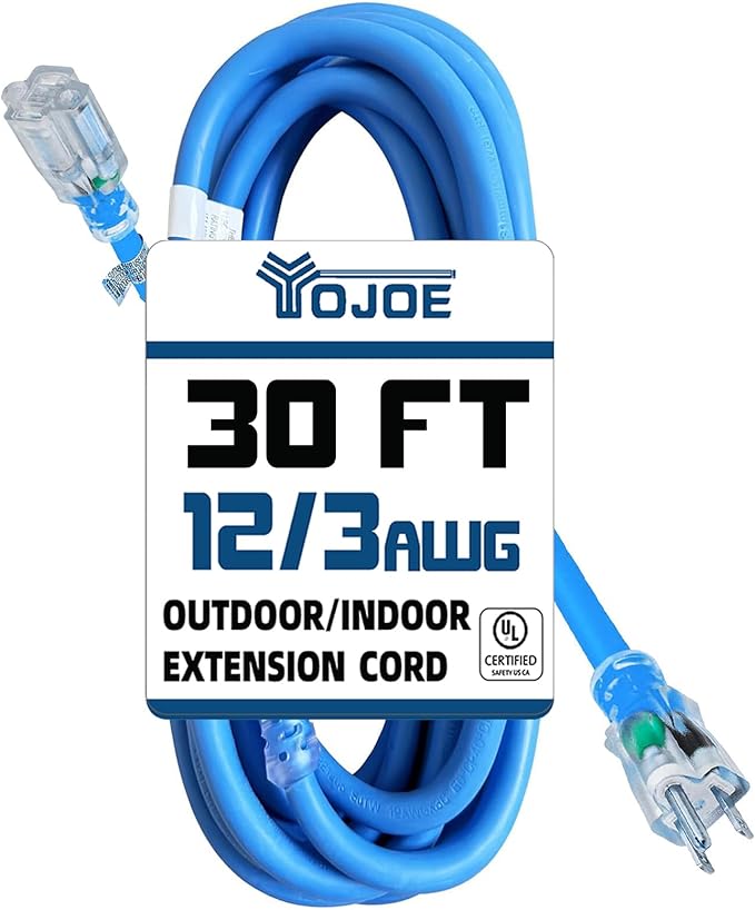 YOJOE Indoor Outdoor Extension Cord with Lighted End, 3 Prong 15A Weatherproof Power Cord, 12 Gauge Heavy Duty 30 ft Blue Extension Cord for Garage, Garden and Home, 12/3 SJTW UL Listed
