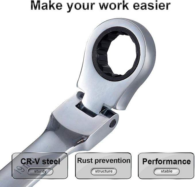 KATUR 19mm Ratcheting Wrench Set Flexible Pivoting Head Ratchet Combination Spanner Wrench Chrome Vanadium Steel Metric Tool (19mm)