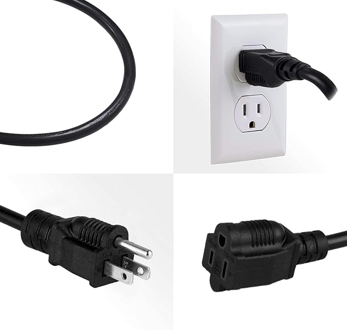 16 SJTW AWG Heavy Duty Power Cord 3 Prong Extension Cord, NEMA 5-15P to NEMA 5-15R, Power Cable for Indoor and Outdoor Use, Black Color, ETL Listed (2 Packs 10FT Black)